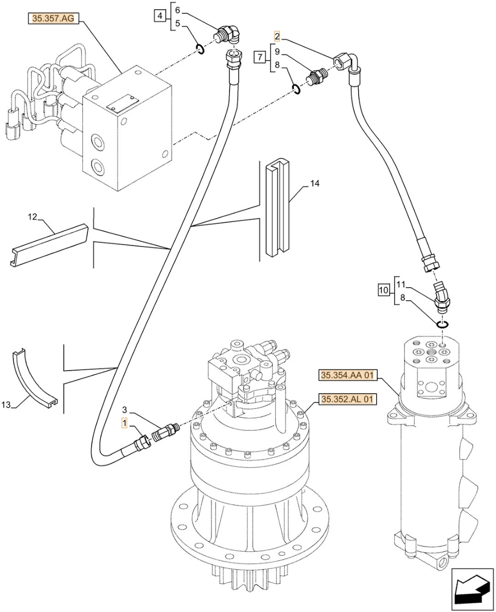 Case CX490D LC installation diagram showing hydraulic hose KHJ18020 at Pipe No. 2