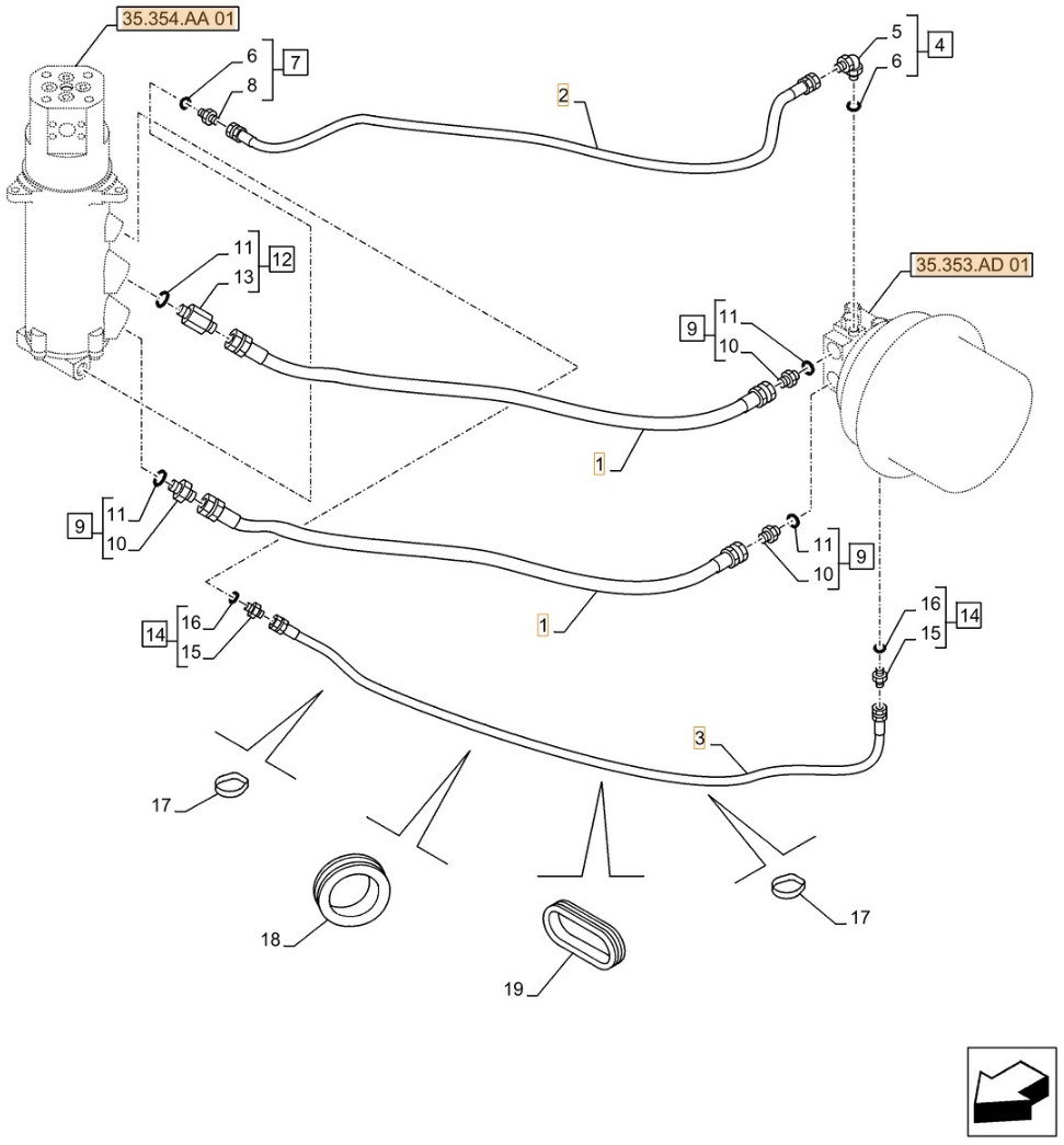 Case CX500D LC installation diagram showing hydraulic hose KBA1163 at Pipe No. 2