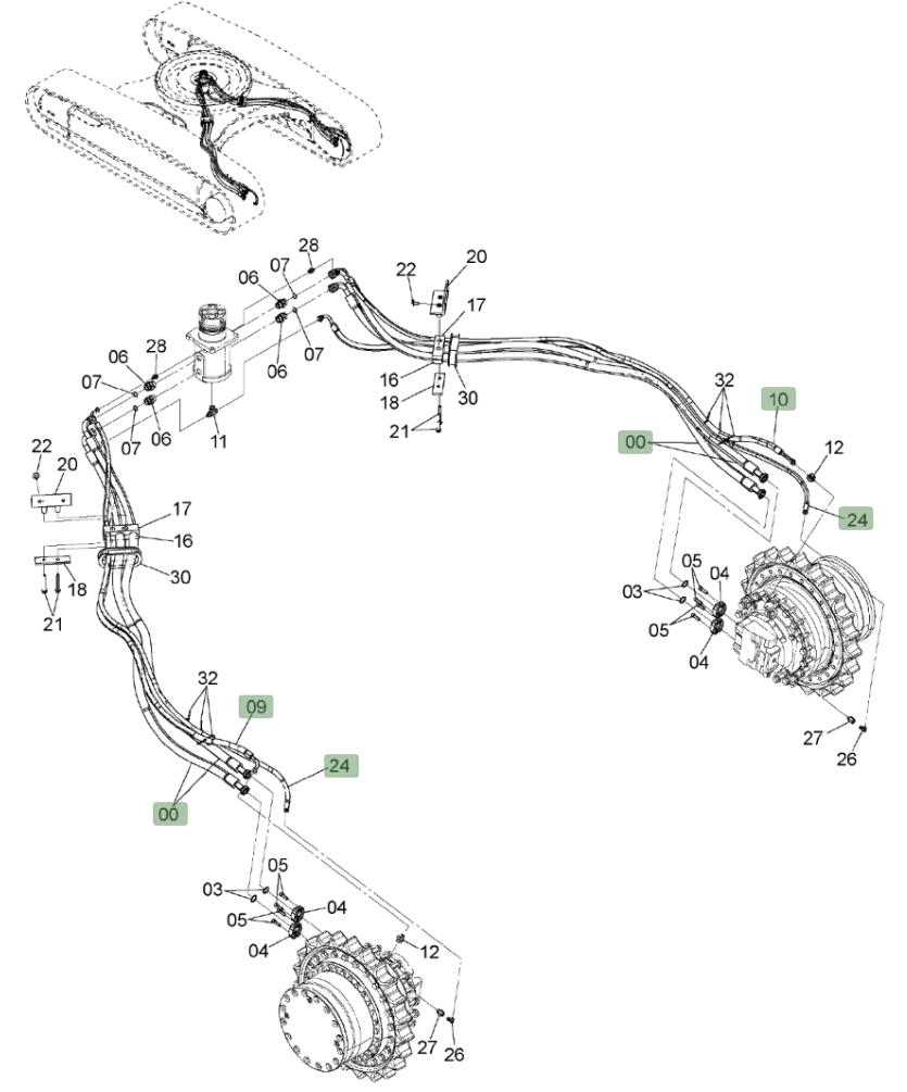 Hitachi ZX450LC-3 installation diagram showing hydraulic hose 4640210 at Pipe No. 24