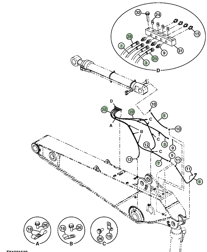 Hitachi ZX670LC-5B installation diagram showing hydraulic hose 4437282 at Pipe No. 5