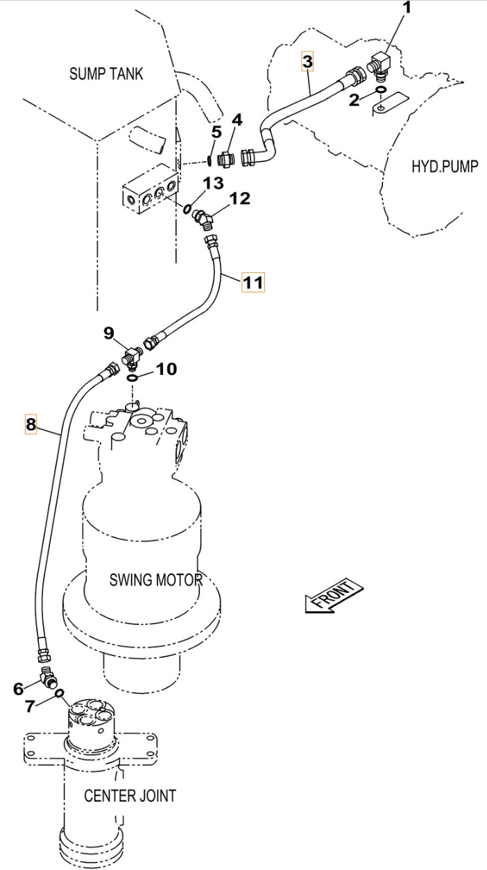 Case CX220B installation diagram showing hydraulic hose KRJ11180 at Pipe No. 3