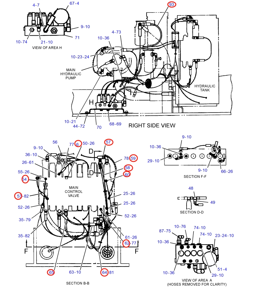 Caterpillar CAT®317B L installation diagram showing hydraulic hose 108-7285 at Pipe No. 54