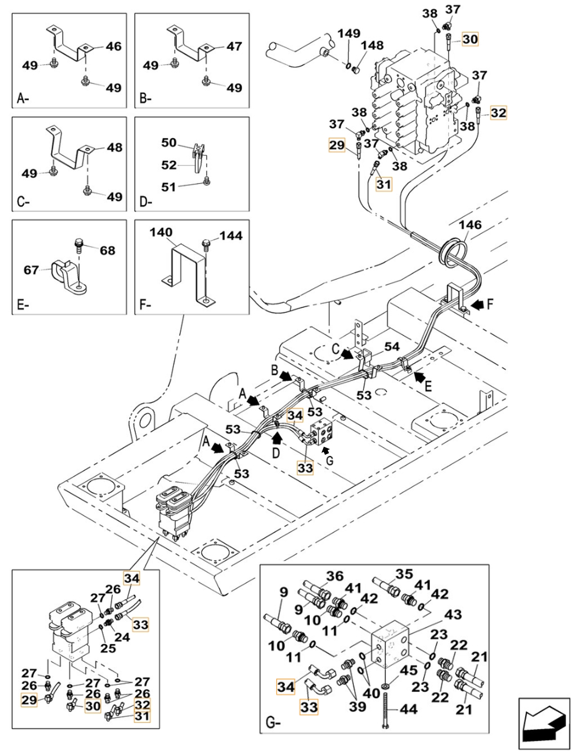 Case CX800B-8 LC ME installation diagram showing hydraulic hose KHJ2249 at Pipe No. 33
