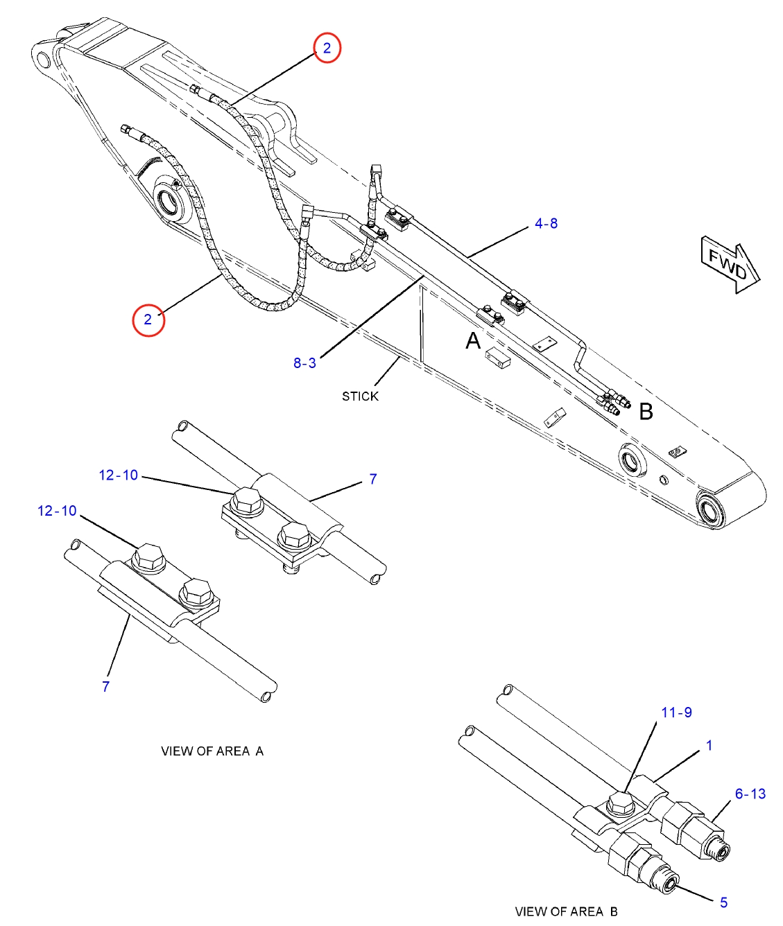 Caterpillar CAT®313F installation diagram showing hydraulic hose 277-1251 at Pipe No. 2