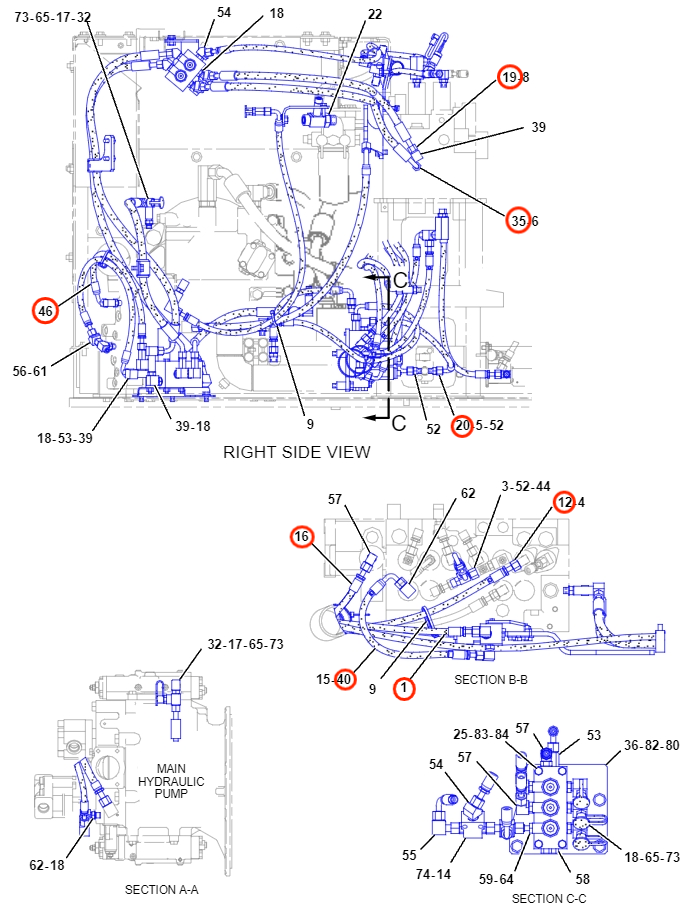 Caterpillar CAT®312D L installation diagram showing hydraulic hose 168-9331 at Pipe No. 19