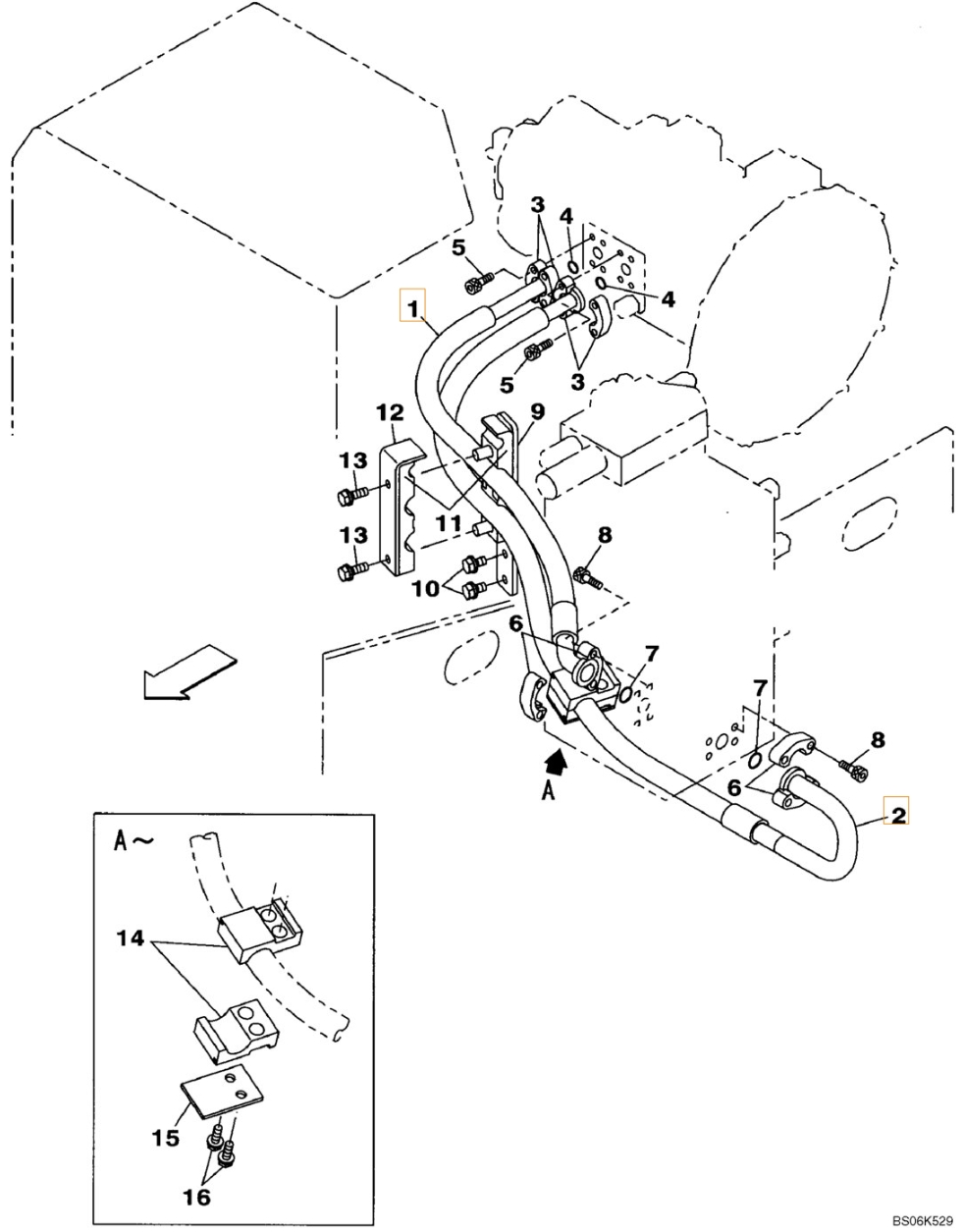 Case CX210B SL installation diagram showing hydraulic hose KRJ16320 at Pipe No. 1