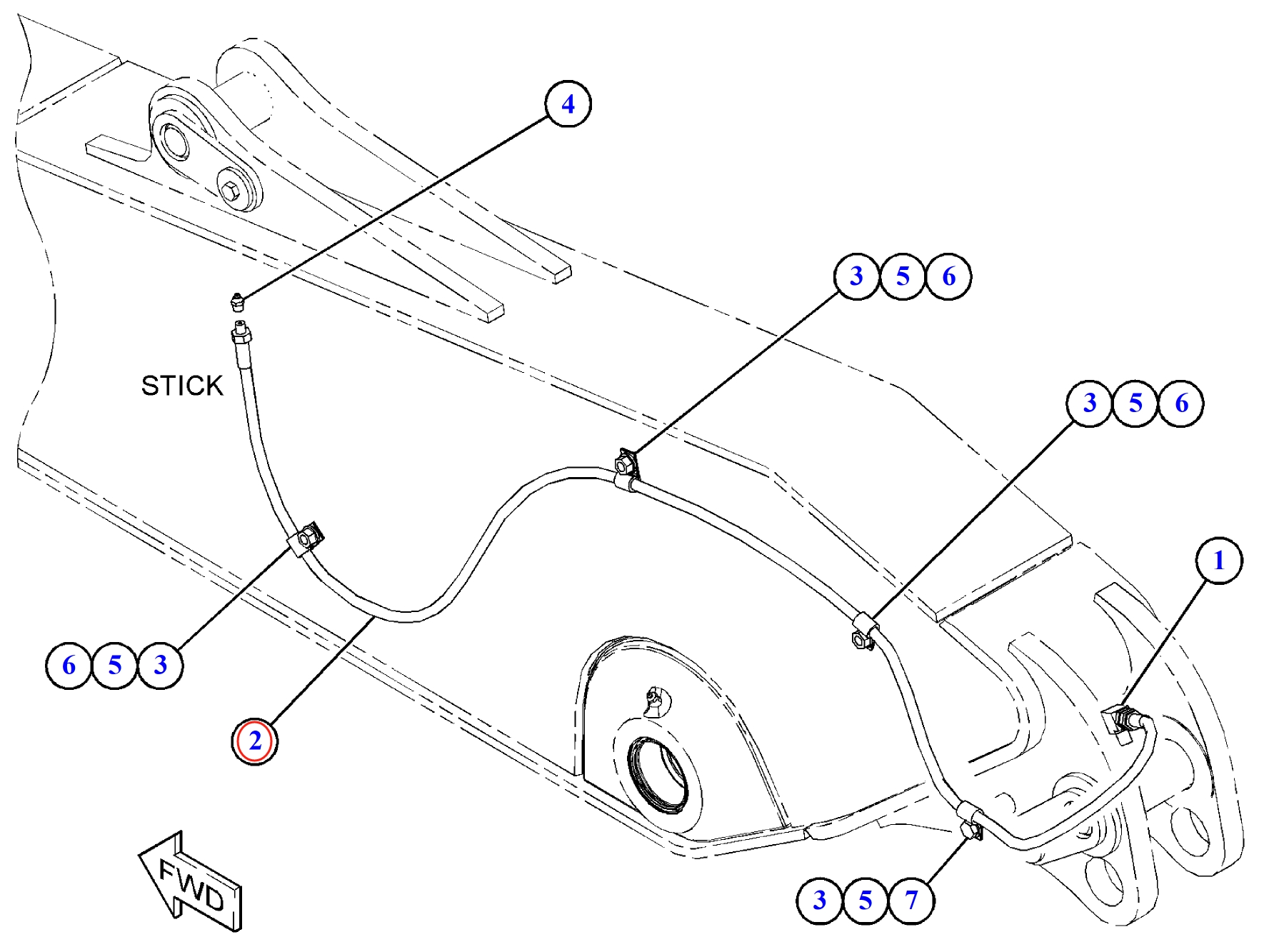 Caterpillar CAT®312D L installation diagram showing hydraulic hose 203-7400 at Pipe No. 2
