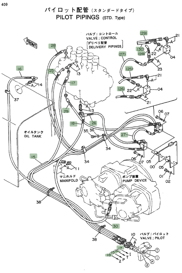 Hitachi EX400LC installation diagram showing hydraulic hose 4218062 at Pipe No. 27