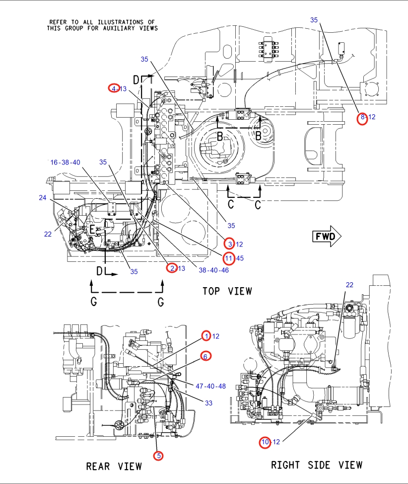 Caterpillar CAT®318C installation diagram showing hydraulic hose 187-5703 at Pipe No. 3