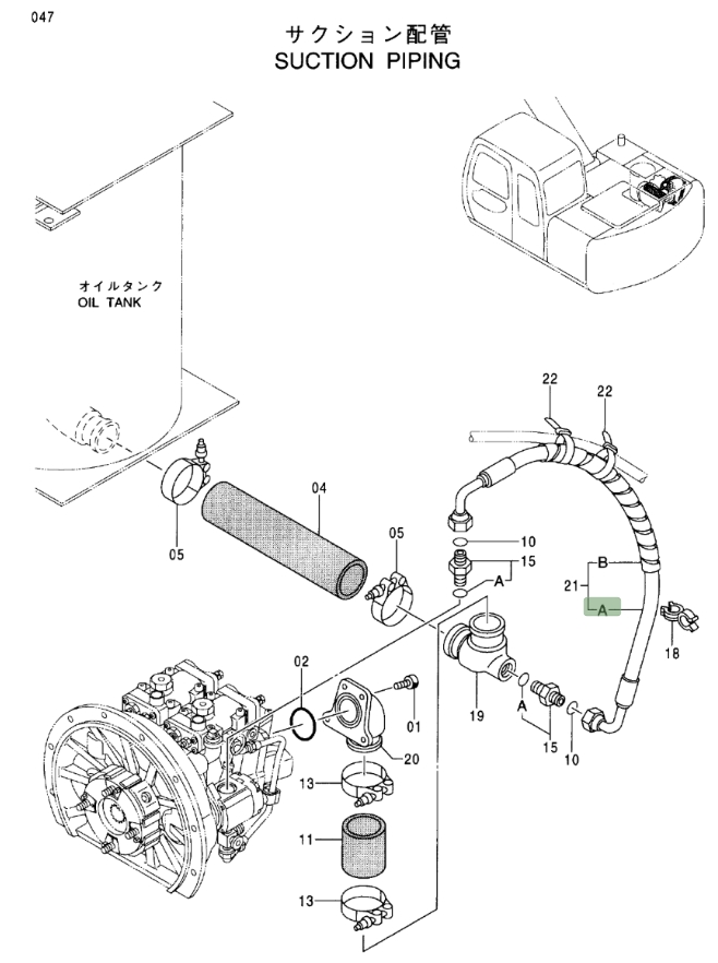Hitachi EX120-5 installation diagram showing hydraulic hose 4358996 at Pipe No. 21A