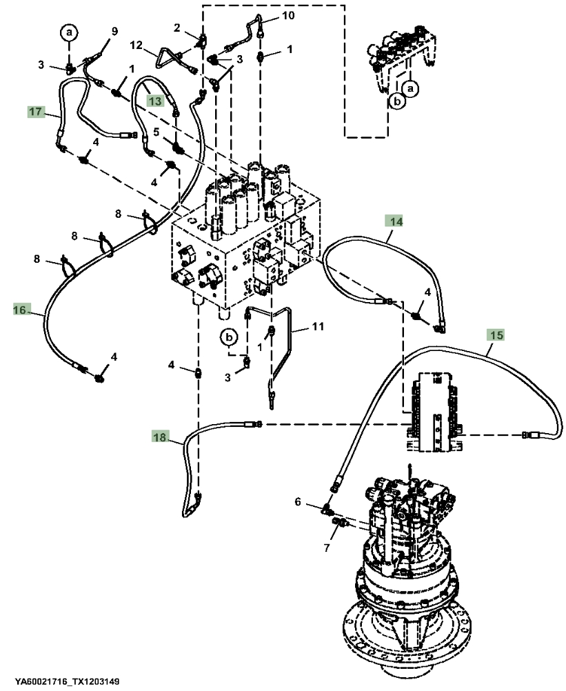 Hitachi ZX180LC-6N installation diagram showing hydraulic hose 4643029 at Pipe No. 13