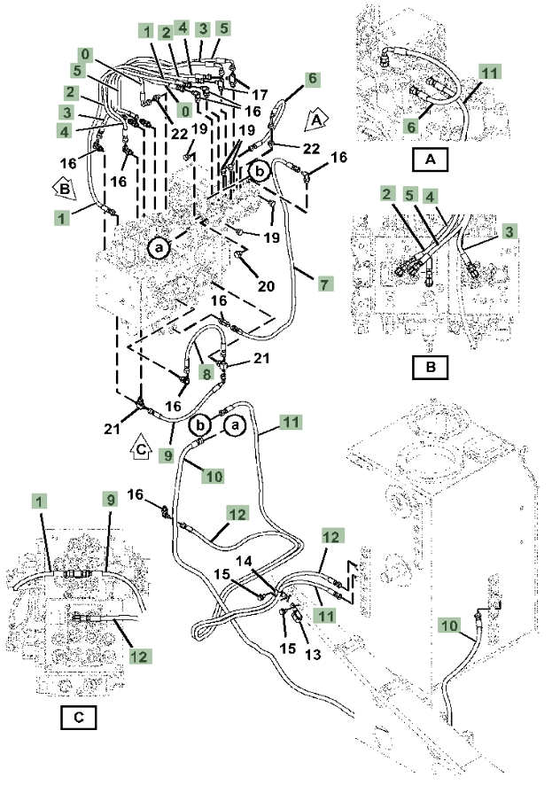 Hitachi ZX190W-6N installation diagram showing hydraulic hose 4721455 at Pipe No. 8