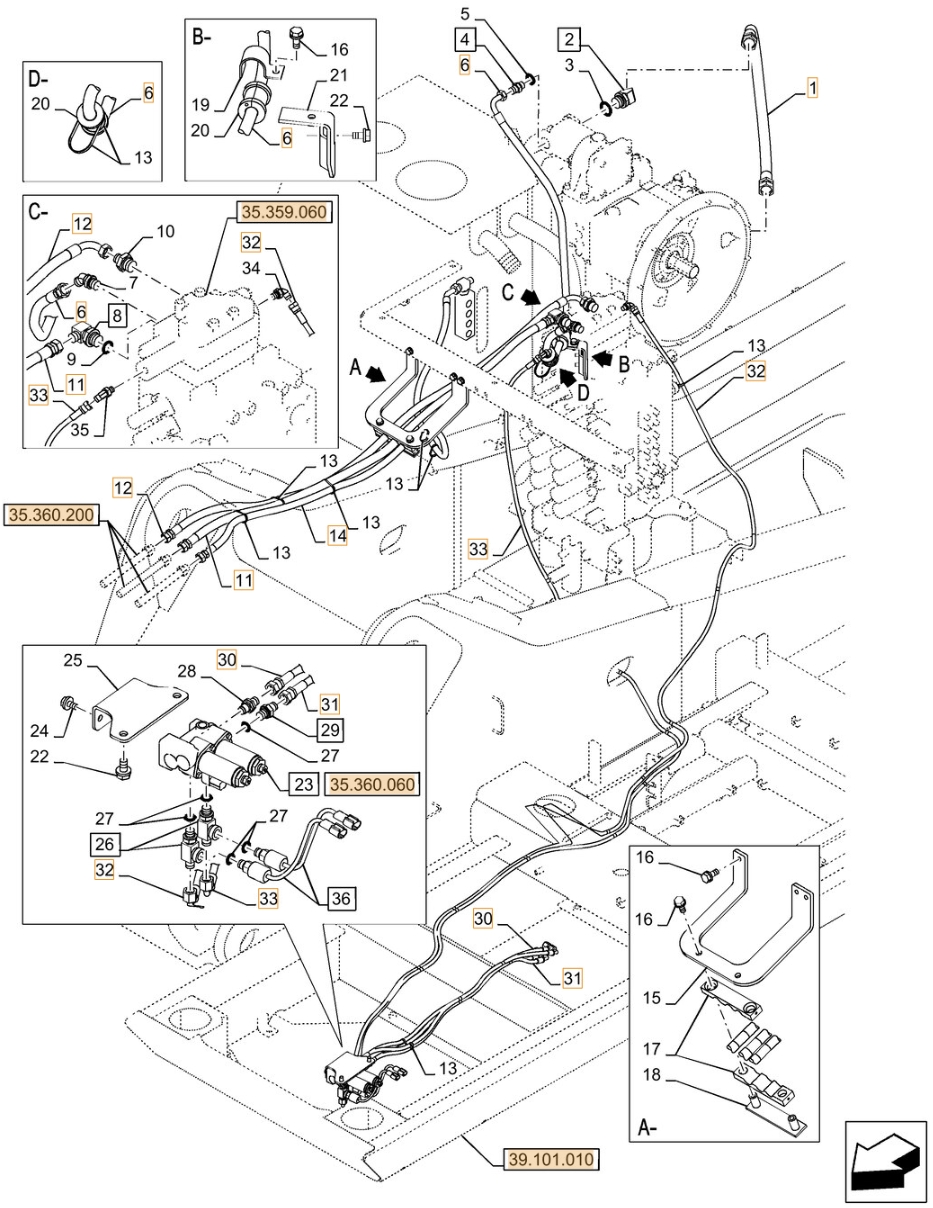 Case CX350D LC installation diagram showing hydraulic hose KHJ2088 at Pipe No. 31