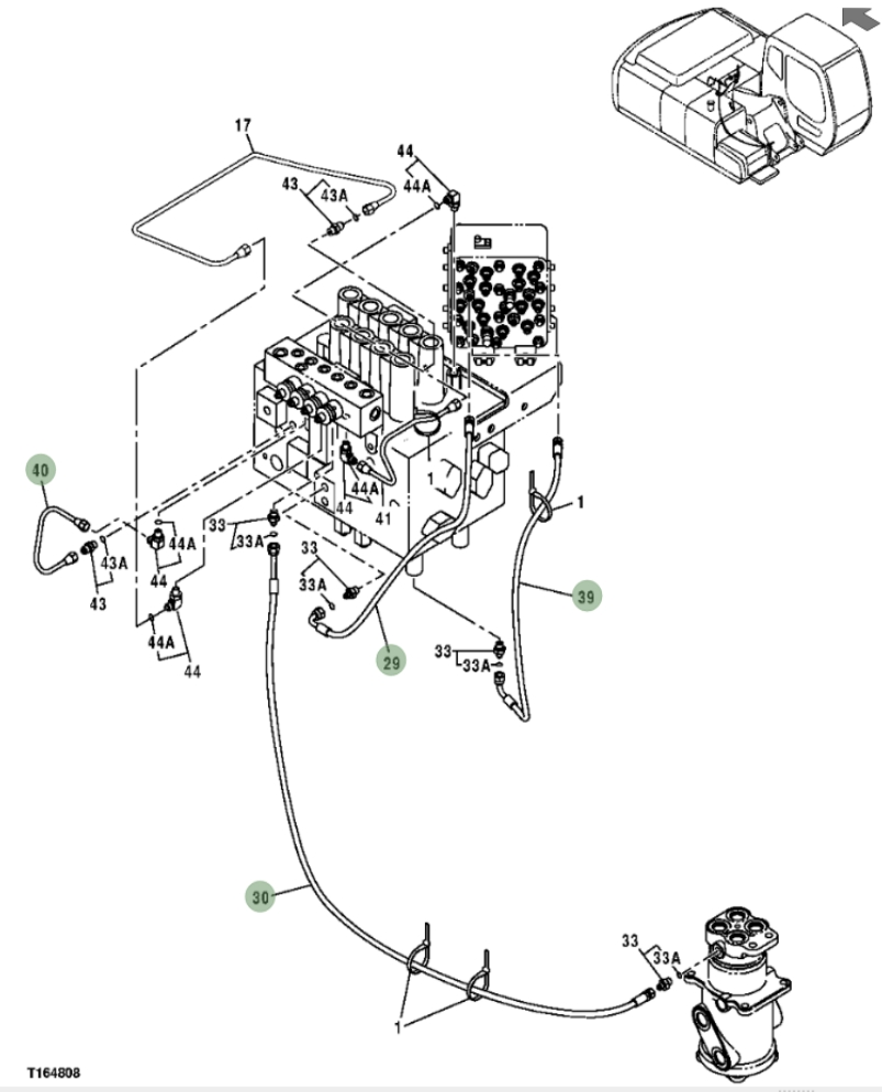 Hitachi ZX200F installation diagram showing hydraulic hose 4427111 at Pipe No. 29