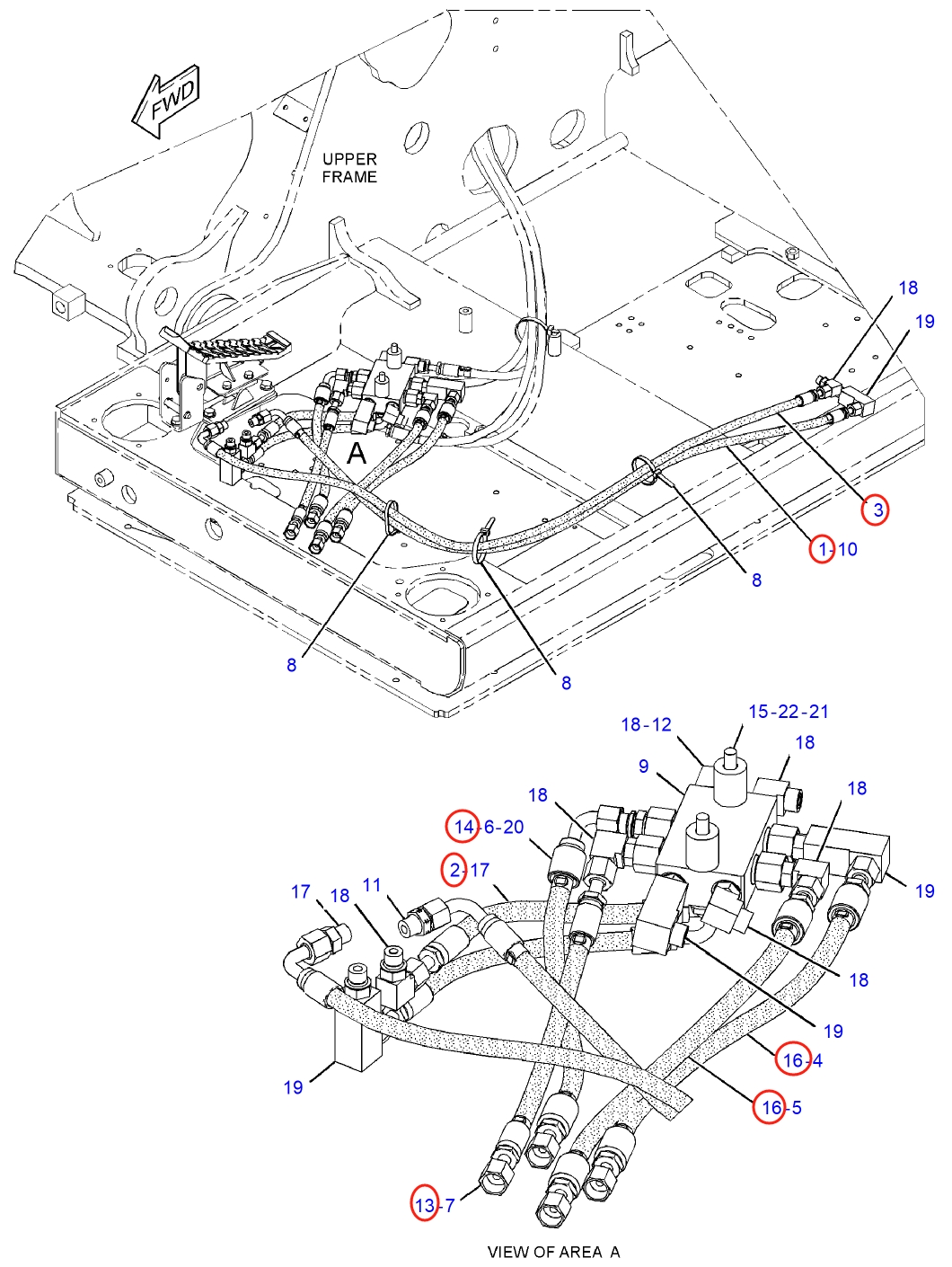 Caterpillar CAT®313F L installation diagram showing hydraulic hose 176-4768 at Pipe No. 13
