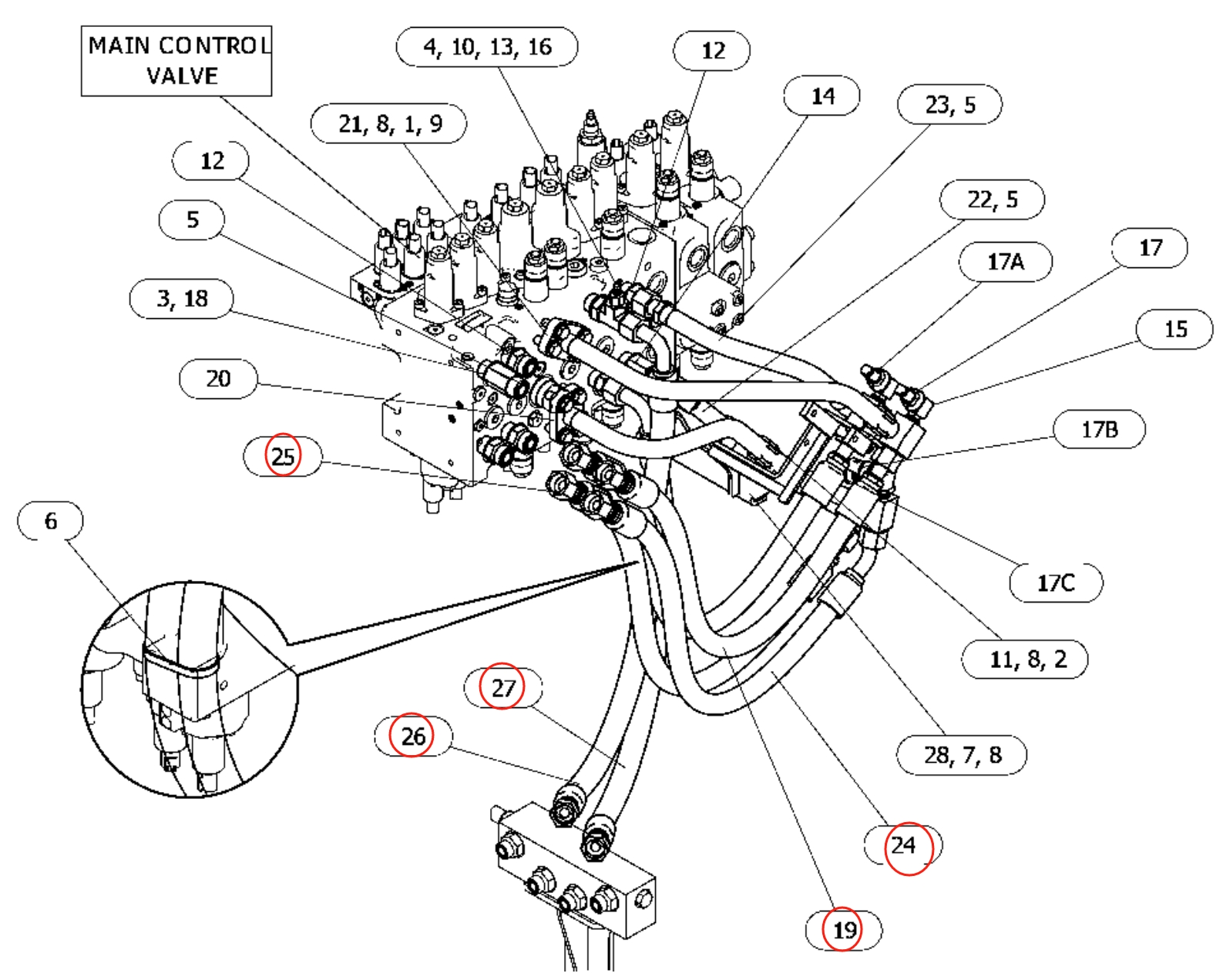 Caterpillar CAT®315 GC installation diagram showing hydraulic hose 4I-3820 at Pipe No. 19