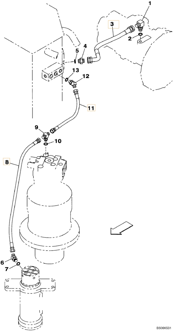 Case CX240BLR installation diagram showing hydraulic hose KRJ11180 at Pipe No. 3