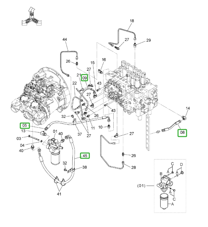 Hitachi ZX160LC-3 installation diagram showing hydraulic hose 4689820 at Pipe No. 45