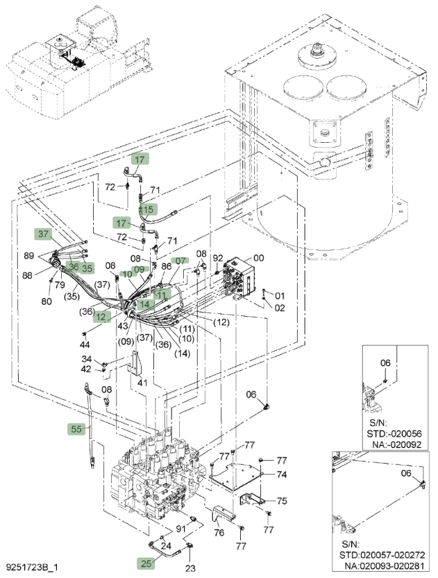 Hitachi ZX850LC-3 installation diagram showing hydraulic hose 4634915 at Pipe No. 35