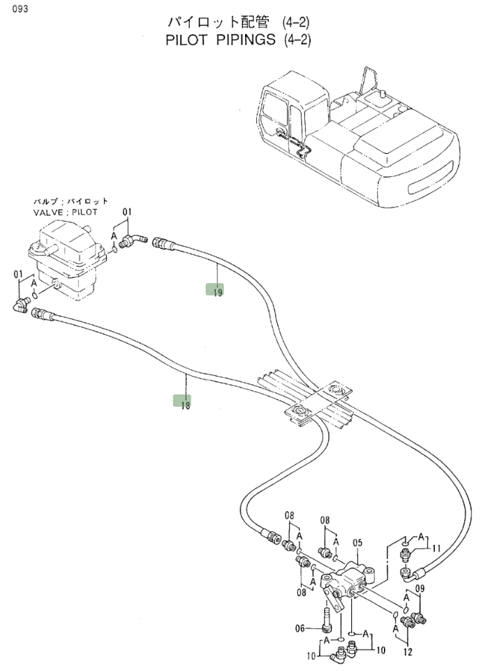 Hitachi EX300LC-3C installation diagram showing hydraulic hose 4281530 at Pipe No. 19