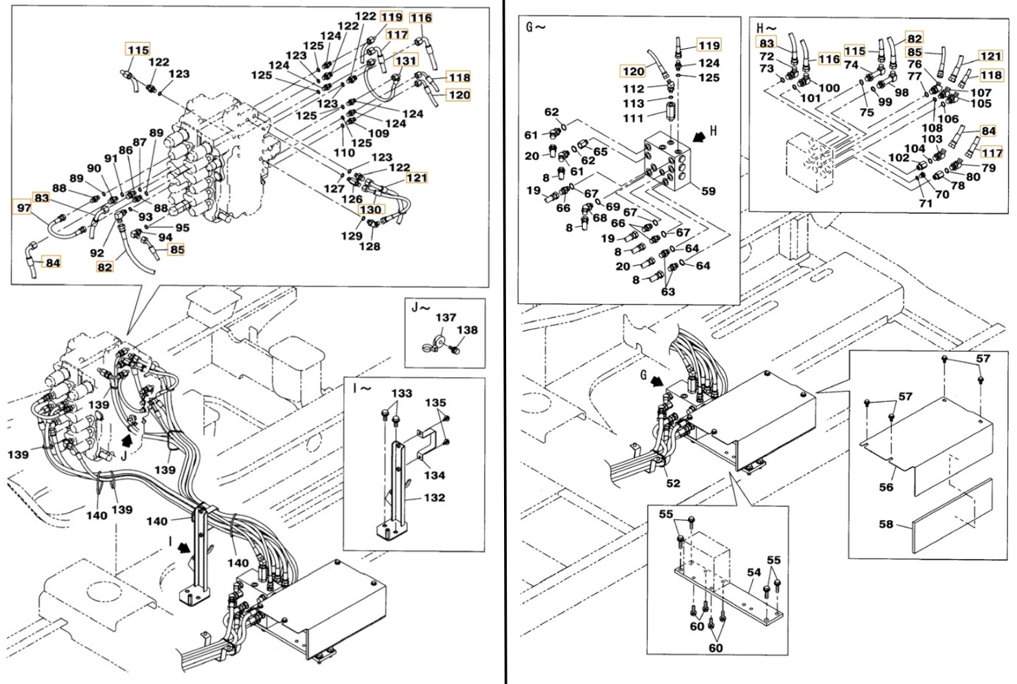 Case CX160B installation diagram showing hydraulic hose KHJ13820 at Pipe No. 131