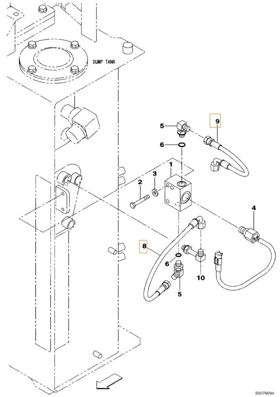 Case CX135SR installation diagram showing hydraulic hose KHJ2238 at Pipe No. 9