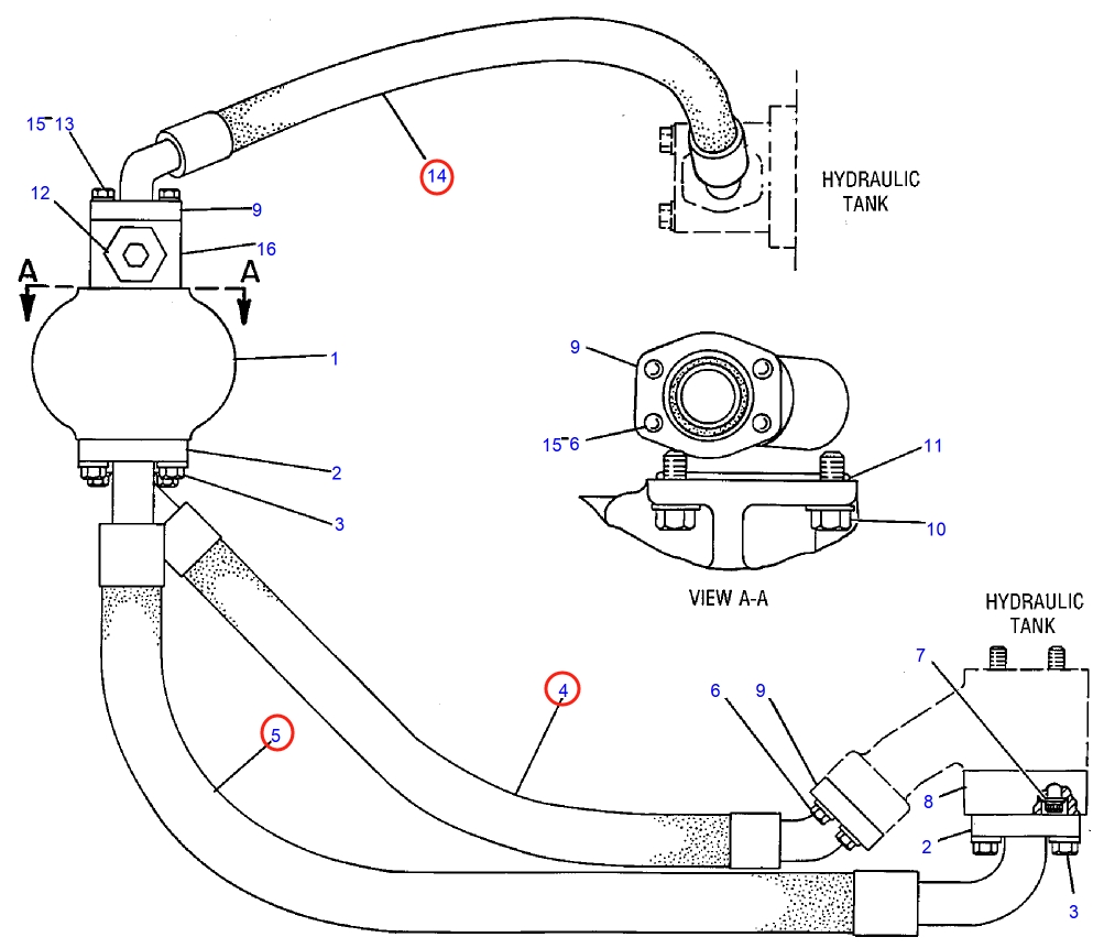Caterpillar CAT®225D installation diagram showing hydraulic hose 6W-6303 at Pipe No. 14