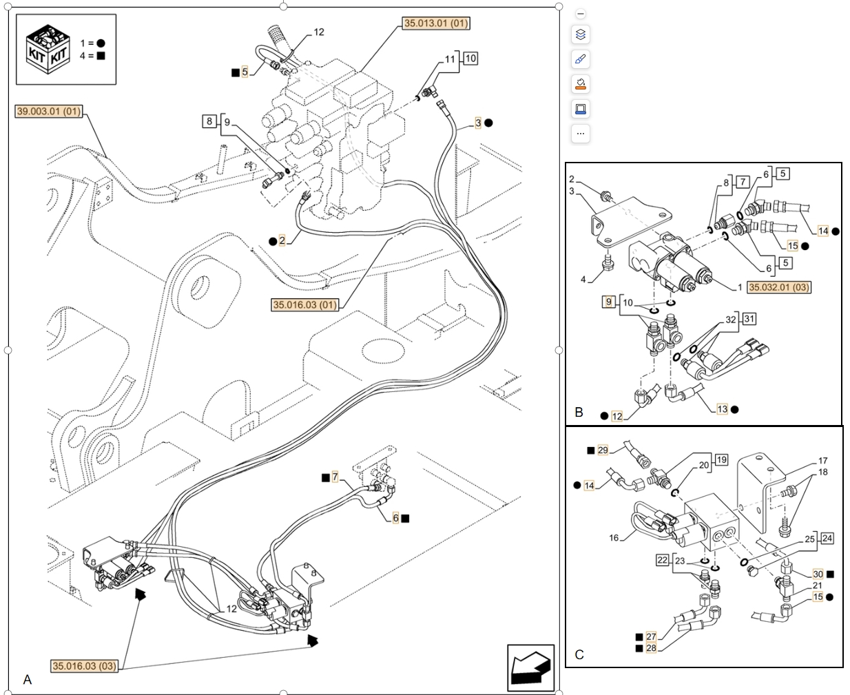 Case CX130C LC installation diagram showing hydraulic hose KHJ11500 at Pipe No. A5-C28