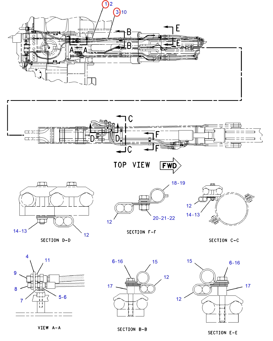 Caterpillar CAT®312B L installation diagram showing hydraulic hose 137-4679 at Pipe No. 1