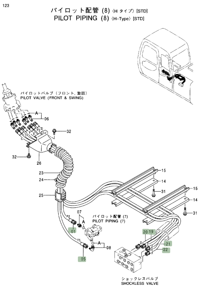 Hitachi EX120-5 installation diagram showing hydraulic hose 4351192 at Pipe No. 16