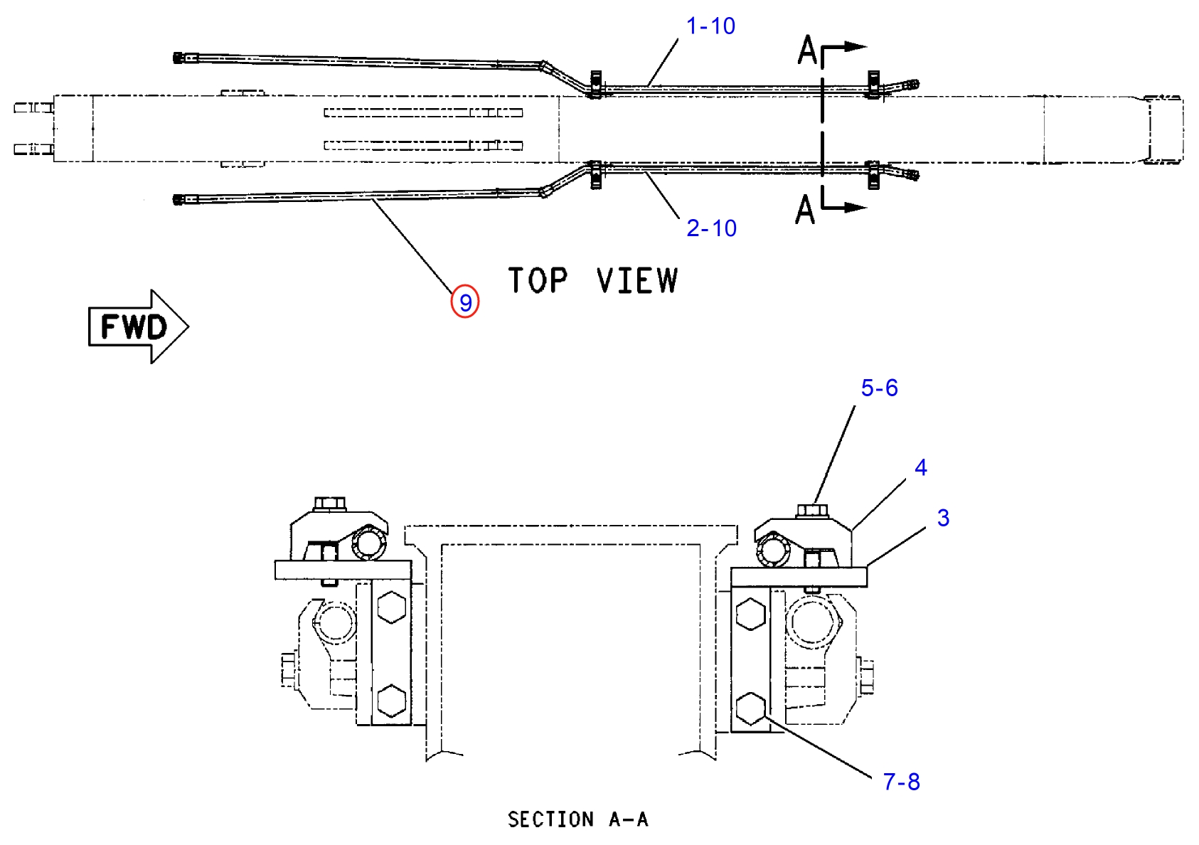 Caterpillar CAT®312C L installation diagram showing hydraulic hose 193-6549 at Pipe No. 9