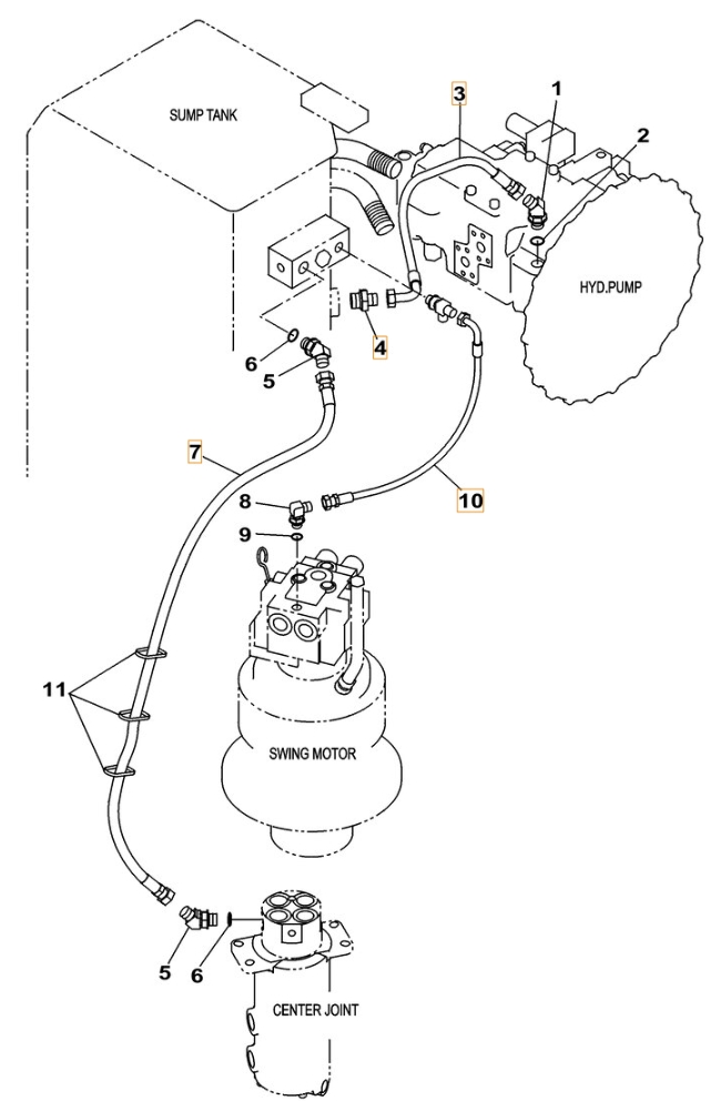 Case CX130C W/B installation diagram showing hydraulic hose KHJ1264 at Pipe No. 10