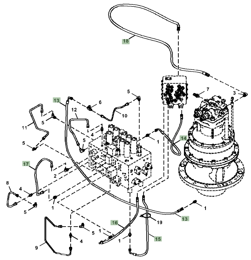 Hitachi ZX350LC-5G installation diagram showing hydraulic hose 4728136 at Pipe No. 18