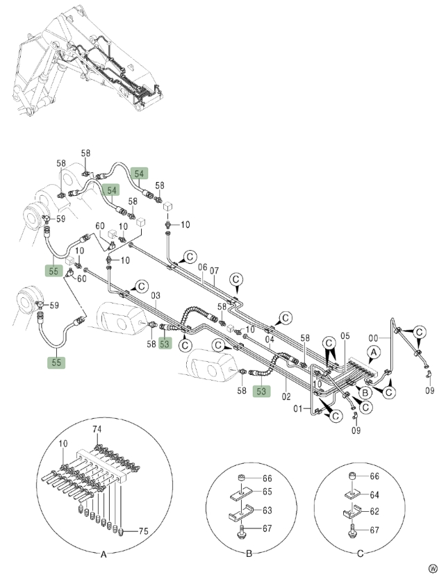 Hitachi ZX800 installation diagram showing hydraulic hose 4367712 at Pipe No. 54