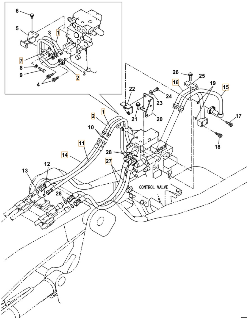 Case CX130C-8 installation diagram showing hydraulic hose KNJ15690 at Pipe No. 11