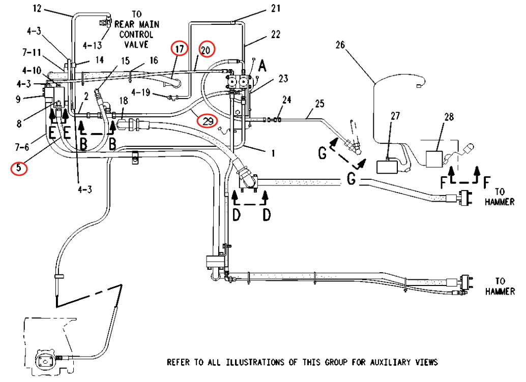 Caterpillar CAT®219 installation diagram showing hydraulic hose 6A-7864 at Pipe No. 5