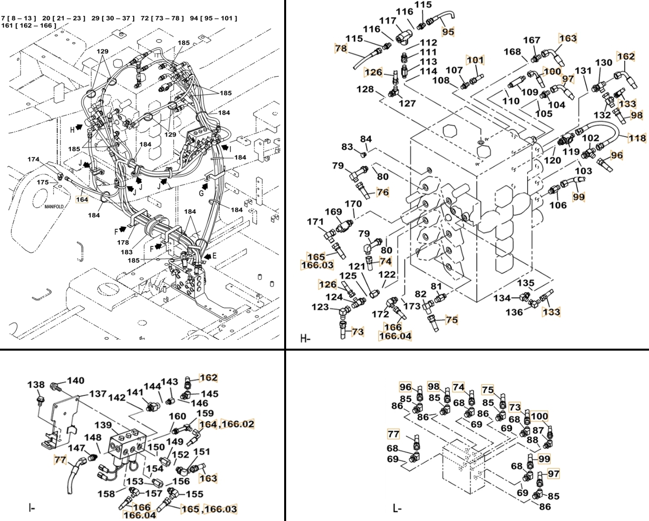 Case CX500C LC ME installation diagram showing hydraulic hose KTJ1639 at Pipe No. 162