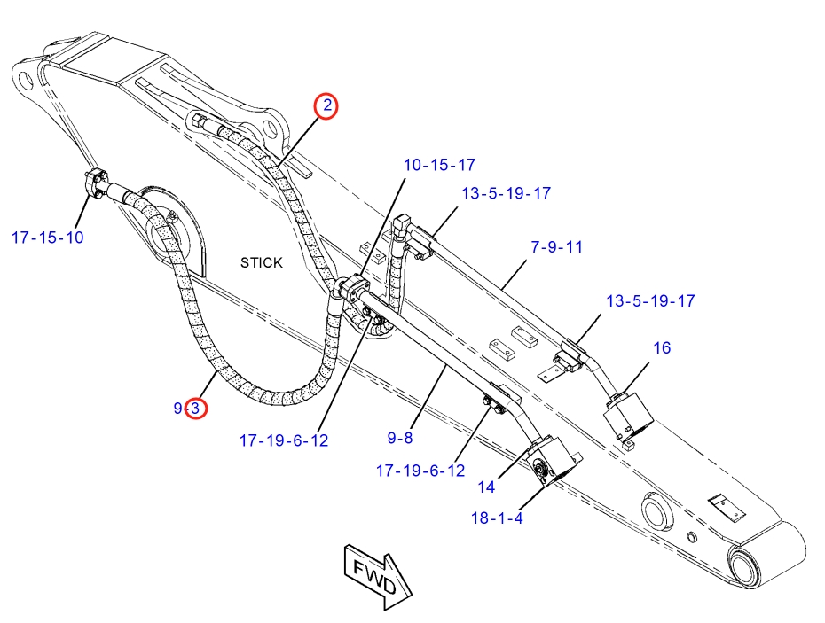 Caterpillar CAT®315F LCR installation diagram showing hydraulic hose 374-0129 at Pipe No. 2