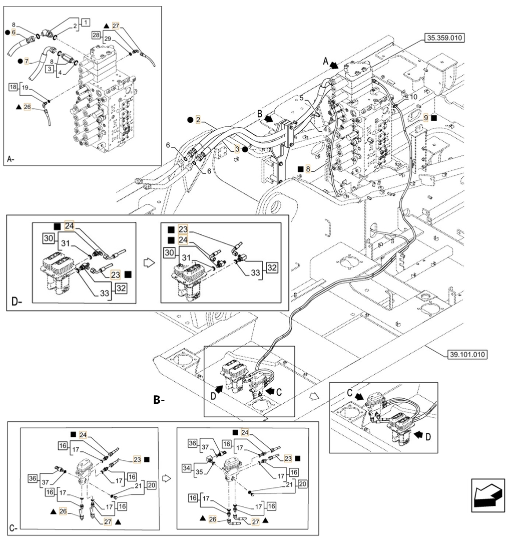 Case CX210D NLC 2PB installation diagram showing hydraulic hose KHJ2084 at Pipe No. C23