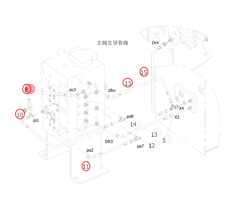 Sunward SWE215F-5 installation diagram showing hydraulic hose 730502000425 at Pipe No. 13