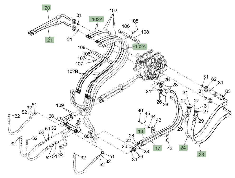 Hitachi ZX450LC-3 installation diagram showing hydraulic hose 9278628 at Pipe No. 102