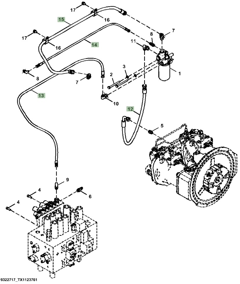 Hitachi ZX350LC-5A installation diagram showing hydraulic hose 4672335 at Pipe No. 13