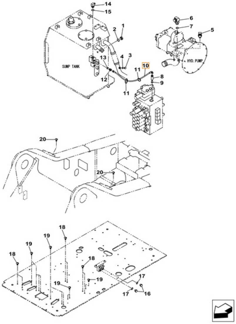 Case CX380C-8 LC installation diagram showing hydraulic hose KHJ2249 at Pipe No. 10