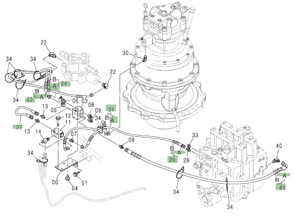 Hitachi ZX370 installation diagram showing hydraulic hose 4452733 at Pipe No. 27