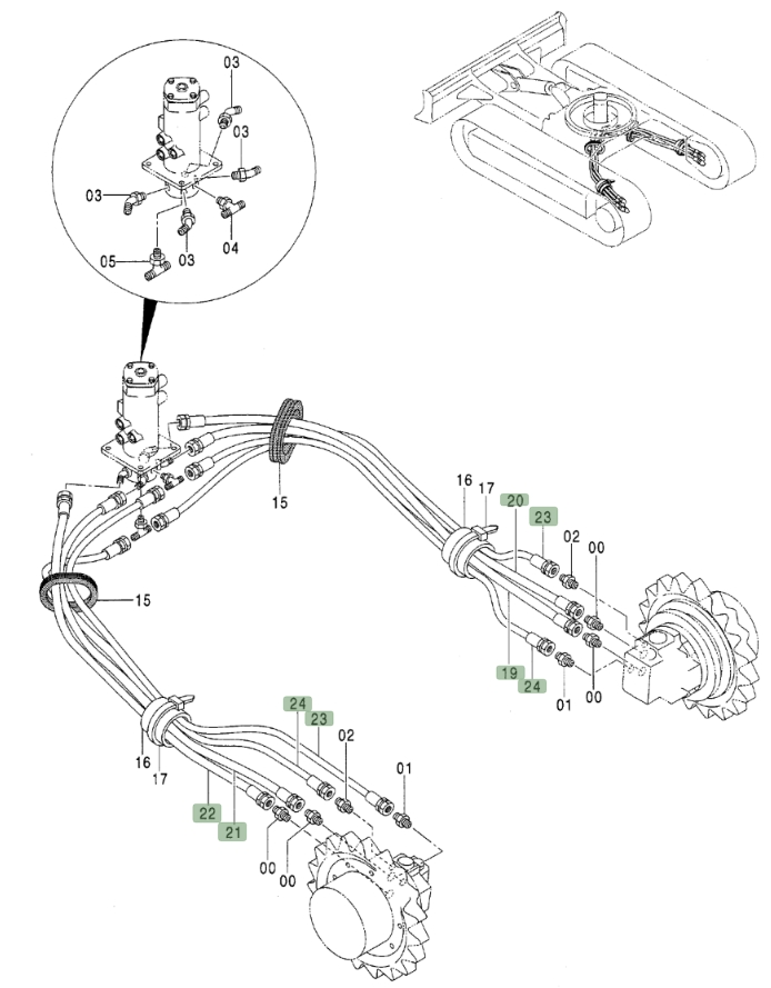 Hitachi ZX50U installation diagram showing hydraulic hose 4426425 at Pipe No. 23