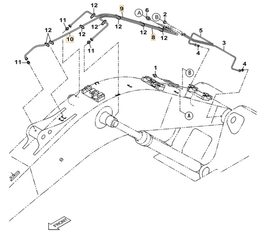 Case CX220B installation diagram showing hydraulic hose KHJ2068 at Pipe No. 8