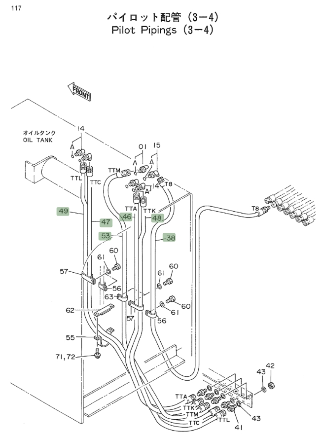 Hitachi EX700 installation diagram showing hydraulic hose 4364400 at Pipe No. 46