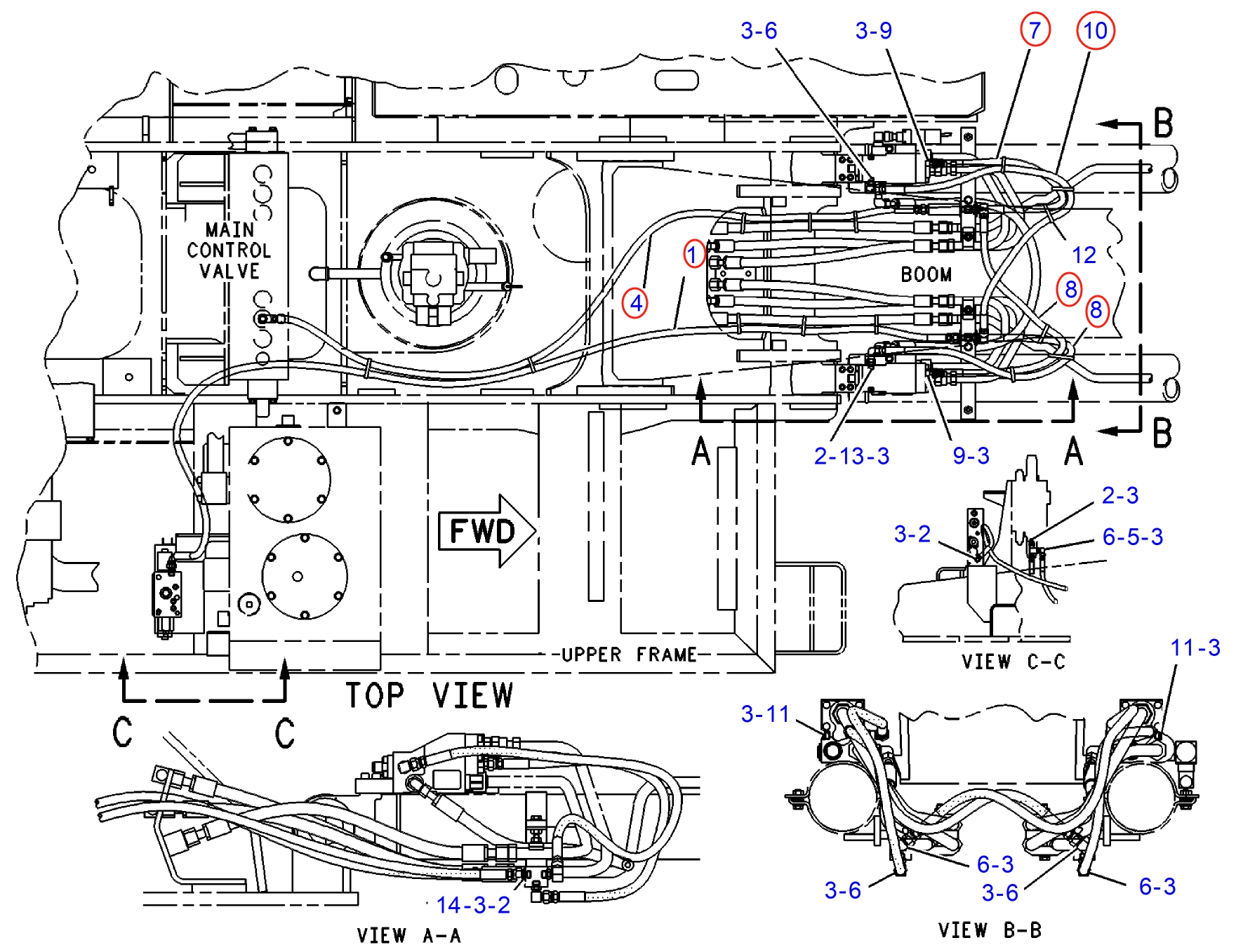 Caterpillar CAT®315-A installation diagram showing hydraulic hose 7T-6625 at Pipe No. 4