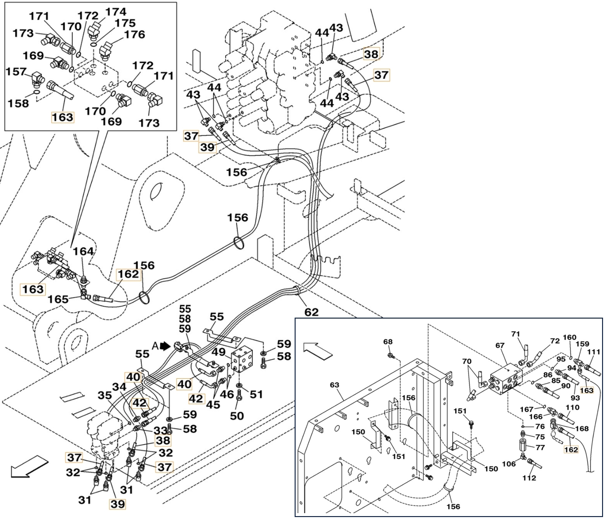 Case CX210N installation diagram showing hydraulic hose KAJ3524 at Pipe No. 42