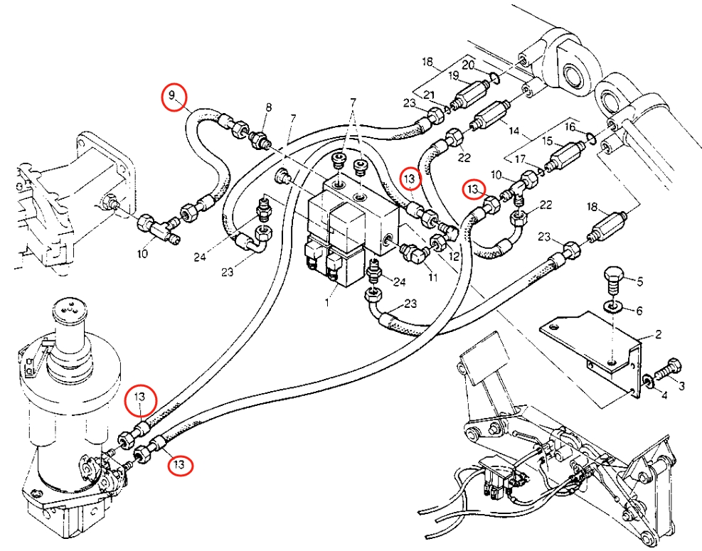 Caterpillar CAT®214B FT installation diagram showing hydraulic hose 8U-1638 at Pipe No. 9